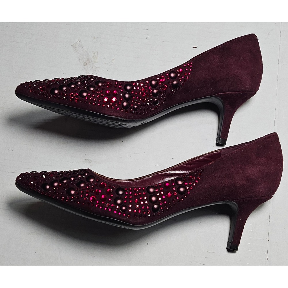 Isaac Mizrahi Live Embellished Velvet‎ Block Heel Pumps Wine Burgundy Womens 6M - Picture 3 of 11